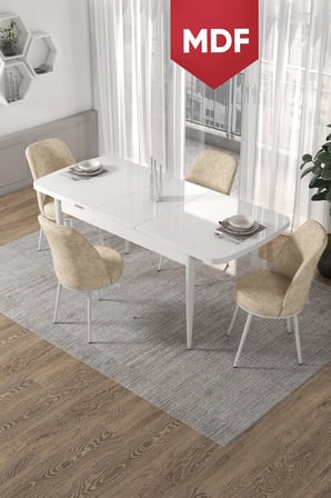 Kor Serisi 70x114 Açılabilir MDF Mutfak Masa Takımı Beyaz Masa 4 Krem Sandalye