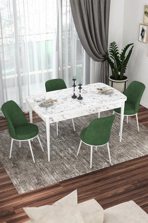 Kor Serisi 70x114 Açılabilir Mutfak Masası Takımı Beyaz Mermer Desen Masa 4 Haki Yeşil Sandalye