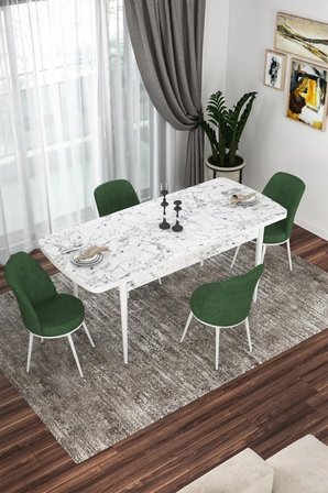 Kor Serisi 70x114 Açılabilir Mutfak Masası Takımı Beyaz Mermer Desen Masa 4 Haki Yeşil Sandalye