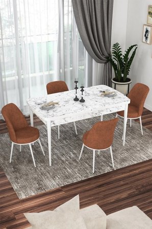 Kor Serisi 70x114 Açılabilir Mutfak Masası Takımı Beyaz Mermer Desen Masa 4 Kiremit Sandalye