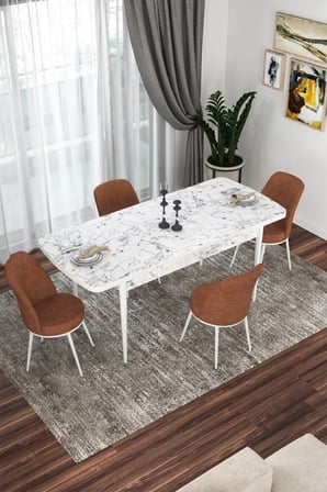 Kor Serisi 70x114 Açılabilir Mutfak Masası Takımı Beyaz Mermer Desen Masa 4 Kiremit Sandalye