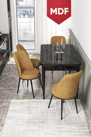 Kor Serisi 70x114 MDF Açılabilir Mutfak Masası Takımı Siyah Mermer Desen Masa 4 Cappucino Sandalye
