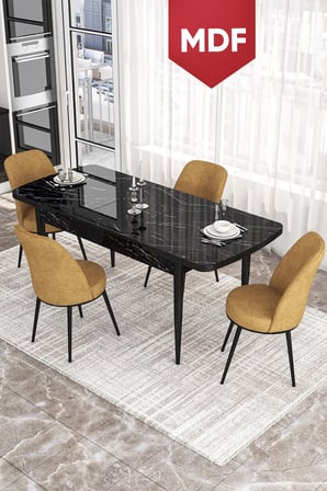 Kor Serisi 70x114 MDF Açılabilir Mutfak Masası Takımı Siyah Mermer Desen Masa 4 Cappucino Sandalye