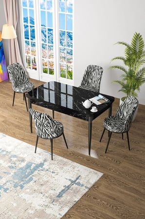 Kor Serisi 70x114 Açılabilir Mutfak Masası Takımı Siyah Mermer Desen Masa 4 Zebra Desen Sandalye