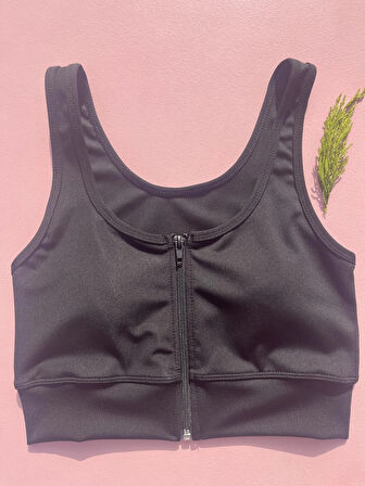 Dalgıç Kumaş Çıkarılabilir Pedli Fermuarlı Siyah Renk Spor Atlet - Crop