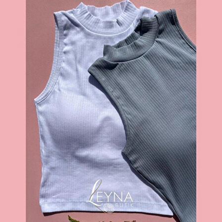 Kadın Fitilli Ribana Kumaş Sabit Pedli Balıkçı Yaka 2'li Beyaz ve Mavi Crop Atlet