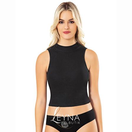 Kadın Fitilli Ribana Kumaş Sabit Pedli Balıkçı Yaka 3'lü Mavi, Siyah, Yeşil Crop Atlet