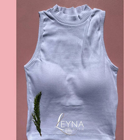 Kadın Fitilli Ribana Kumaş Sabit Pedli Balıkçı Yaka 4'lü Mavi, Yeşil, Beyaz, Siyah Crop Atlet