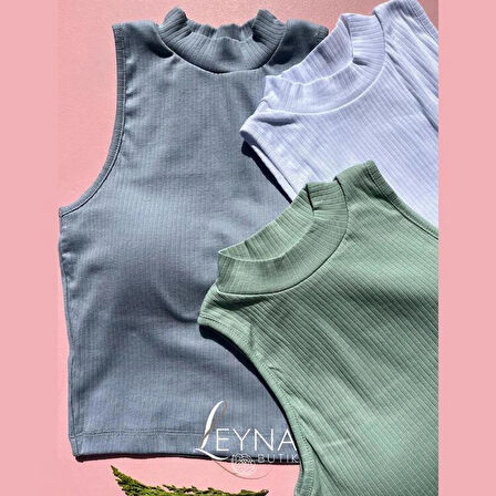Kadın Fitilli Ribana Kumaş Sabit Pedli Balıkçı Yaka 3'lü Mavi, Beyaz, Yeşil Crop Atlet