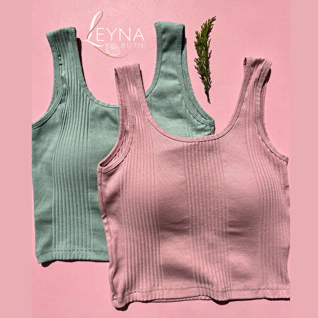 Pamuklu Kaşkorse Çizgili Kumaş Sabit Pedli 2'li Pudra Ve Yeşil Kadın Yarım Atlet