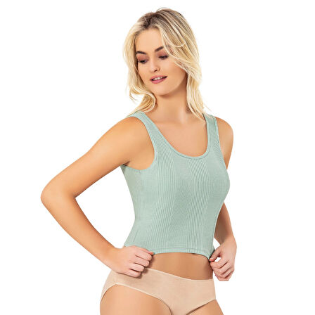 Pamuklu Kaşkorse Çizgili Kumaş Sabit Pedli 2'li Pudra Ve Yeşil Kadın Yarım Atlet