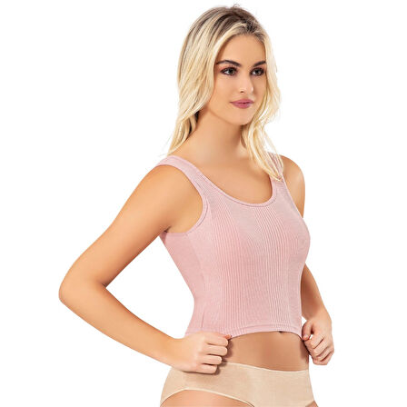 Pamuklu Kaşkorse Çizgili Kumaş Sabit Pedli 2'li Pudra Ve Yeşil Kadın Yarım Atlet