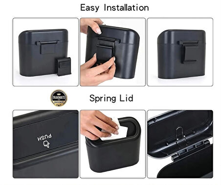 Hyundai İ20 2008-2009-2010-2011-2012-2013-2014 Oto Araba Çöp Kutusu Organizer İtme Kapaklı Çöp Kovası Siyah