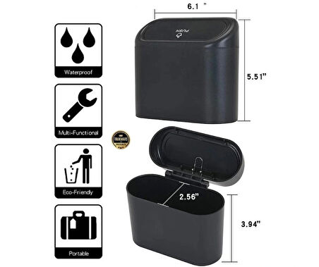 Seat Leon 1998-1999-2000-2001-2002-2003-2004 Oto Araba Çöp Kutusu Organizer İtme Kapaklı Çöp Kovası Siyah