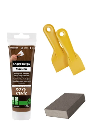 4'lü Koyu Ceviz Ahşap ve Duvar Tamir Seti 125 Ml Dolgu Macunu 2 Adet Plastik Spatula 1 Kübik Zımpara