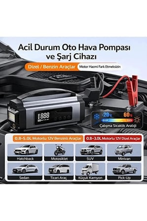 Pro 4in1 Akü Takviye Şarj Cihazı 12000 Mah 1200A Akü Şarj Cihazı Lastik Şişirme Pompas