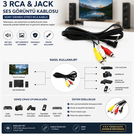 Diyarı Fırsat 3 RCA Jack Stereo Ses Kablosu Dikmen Tip 15'li Paket