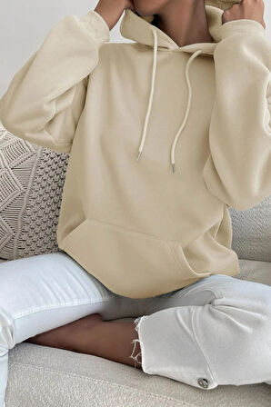 Bej Rengi Unisex Pamuk Şardonlu Kapüşonlu Sweatshirt