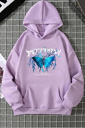 Unisex Blue Butterfly Baskılı Sweatshirt