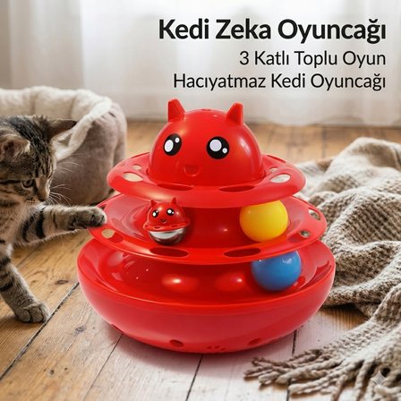 Hacıyatmaz Kedi Oyuncağı 3 Katlı Toplu Zeka Oyuncağı 20x21 cm – Devrilmez Interaktif Mama Oyuncağı -