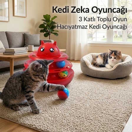 Hacıyatmaz Kedi Oyuncağı 3 Katlı Toplu Zeka Oyuncağı 20x21 cm – Devrilmez Interaktif Mama Oyuncağı -
