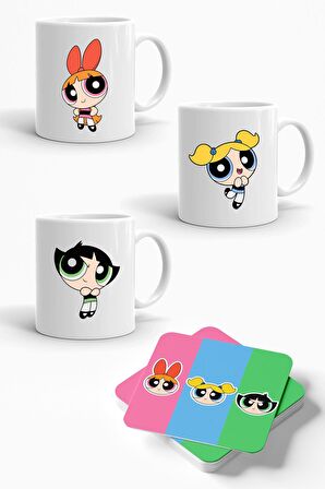 Powerpuff Girls Baskılı 3'lü Porselen Kupa Ve 3'lü Bardak Altlığı Seti