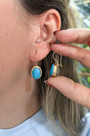 Orta Boy Firuze Taşlı Altın Nostalji Küpe (KP0025)