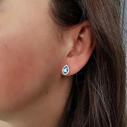 Altın 14 Ayar Aqua Taşlı Damla Küpe (KP0064)