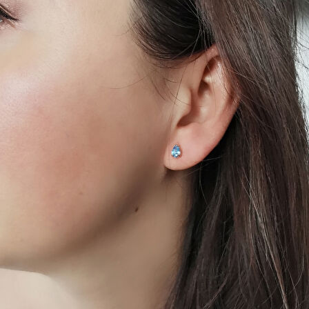 Aquamarine Taşlı Minimal Altın Damla Küpe (KP0071)