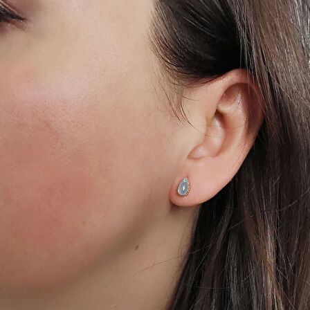 Aqua Mavi Damla Taşlı Minimal Altın Küpe (KP0074)