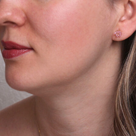 Pembe Taşlı Altın Lotus Çiçeği Küpe (KP0342)