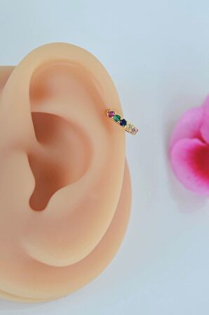 Gold 8 mm Taşlı Multicolor Çok Renkli Helix Piercing Tragus Kıkırdak Lob