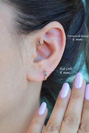 Gold 8 mm Taşlı Multicolor Çok Renkli Helix Piercing Tragus Kıkırdak Lob
