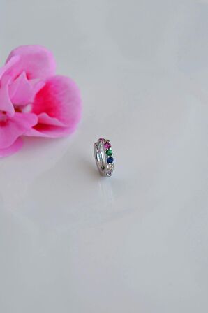 Gümüş Renkli 8 mm Taşlı Multicolor Çok Renkli Helix Piercing Tragus Kıkırdak Lob