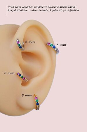 Gümüş Renkli 8 mm Taşlı Multicolor Çok Renkli Helix Piercing Tragus Kıkırdak Lob
