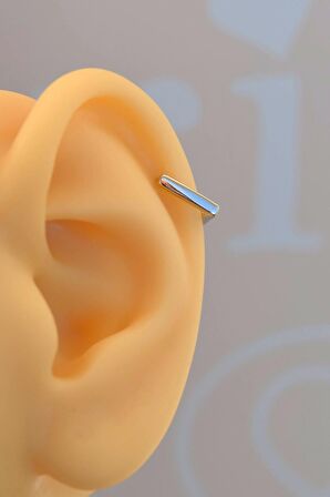 Gümüş Renkli Rodyum Mini İnce Kare Halka Tragus Piercing Helix Küpesi