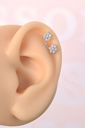 İki Çiçekli Helix Piercing Kıkırdak Lob Gümüş Renk
