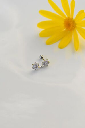 İki Çiçekli Helix Piercing Kıkırdak Lob Gümüş Renk