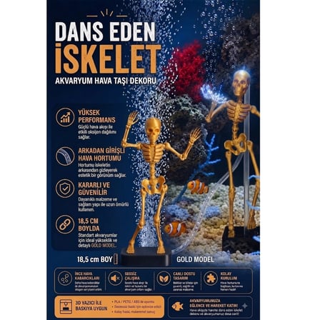 3D Baskı Gold Dans Eden İskelet Akvaryum Hava Taşı 18,5 cm