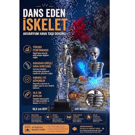 3D Baskı Gri Dans Eden İskelet Akvaryum Hava Taşı 18,5 cm