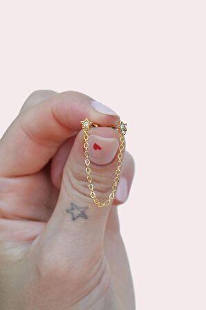 Gold Renkli Taşlı Yıldız Zincir Sallantılı Piercing Helix Kıkırdak Lob