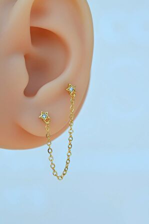 Gold Renkli Taşlı Yıldız Zincir Sallantılı Piercing Helix Kıkırdak Lob