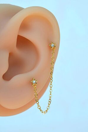 Gold Renkli Taşlı Yıldız Zincir Sallantılı Piercing Helix Kıkırdak Lob