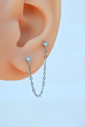 Gümüş Renkli Taşlı Yıldız Zincir Sallantılı Piercing Helix Kıkırdak Lob