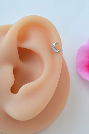 Gümüş Renkli Taşlı Ay Figürlü Piercing Helix Kıkırdak Conch Lob