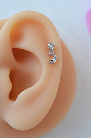 Gümüş Renkli Taşlı Ay Sallantılı Piercing Helix Kıkırdak Lob