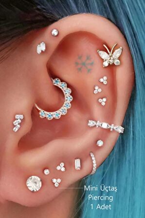 Gümüş Renkli Mini Üçtaşlı Zirkon Piercing Helix Kıkırdak Lob Conch