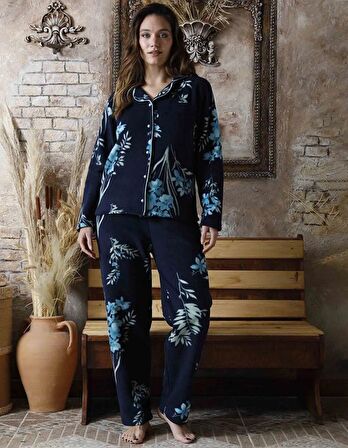 Sude Kadın Gömlek Önden Düğmeli Polar Desenli Pijama Takımı P200/1- 1 Adet
