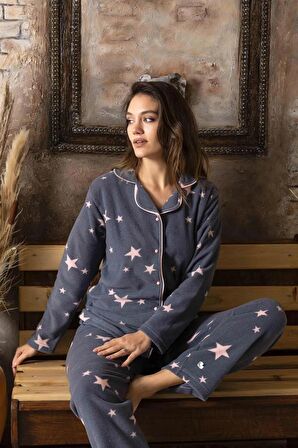Sude Kadın Gömlek Önden Düğmeli Polar Desenli Pijama Takımı P200/24 - 1 Adet