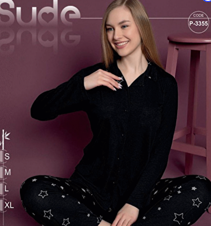 Sude Kadın Bambu Siyah Uzun Kol İnce Pijama Takımı S-3355 - 1 Adet